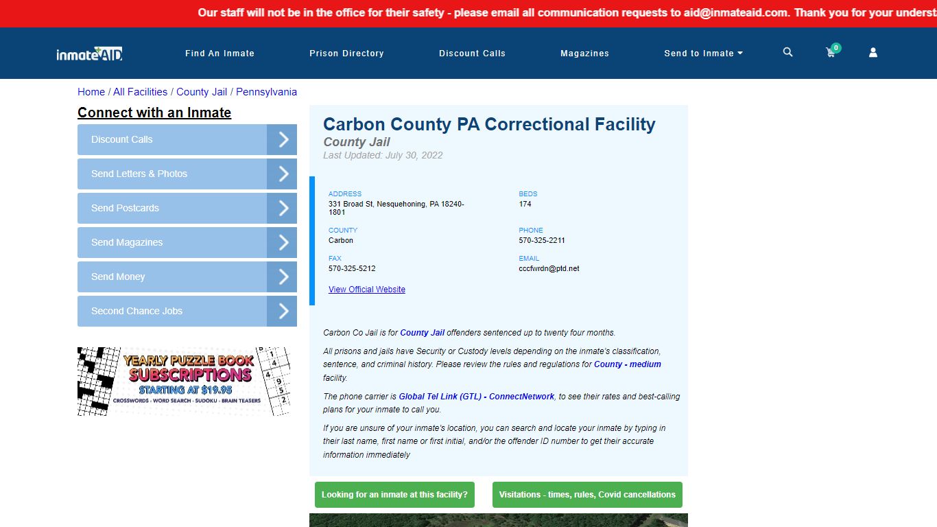 Carbon County PA Correctional Facility - Inmate Locator ...