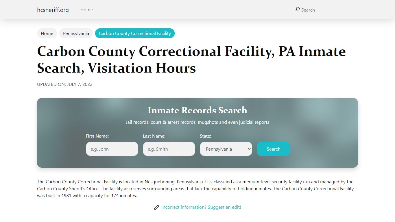 Carbon County Correctional Facility, PA Inmate Search ...